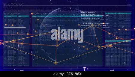 Displaying central wireframe globe rotating over virtual terminal, showing gold nodes, orange lines Stock Photo