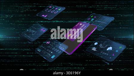 Displaying phone with credit card graphic floating in cyberspace, holographic panels showing data Stock Photo