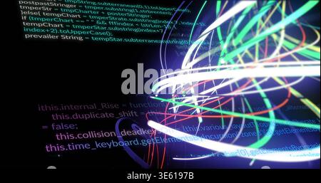 Glowing multicolored neon ribbons looping and intersecting on dark virtual backdrop, with code text Stock Photo