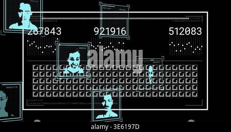 Displaying central white frame biometric panel showing grid on dark screen with cyan boxes and IDs Stock Photo