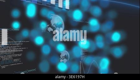 Displaying central teal blue node cluster, code, line chart on dark UI, with globe icons Stock Photo