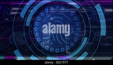 Displaying central fingerprint icon rotating within HUD rings on blue interface, binary nodes Stock Photo