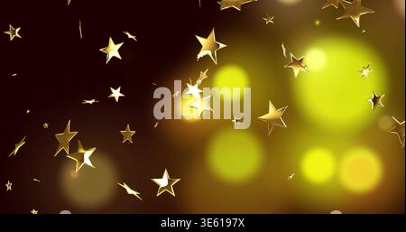 Shimmering gold metal star cluster floating on dark brown gradient, with star confetti and bokeh Stock Photo
