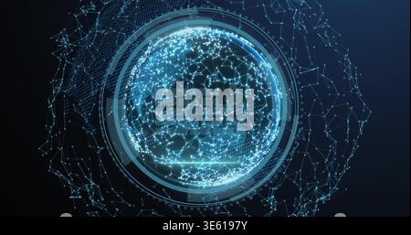 Hovering holographic globe pulsing in virtual data space, showing HUD rings and particles Stock Photo