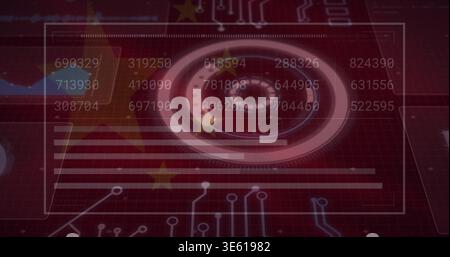 Displaying clear HUD filling digital screen, showing target dial, data bars, circuit nodes, flag Stock Photo