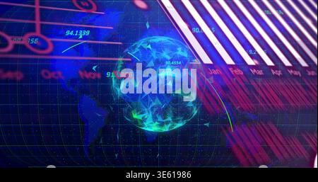 Rotating digital low-poly globe glowing within virtual HUD, showing bar chart, numeric overlays Stock Photo