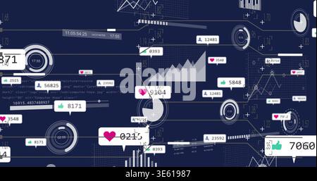 Displaying central analytics cluster on navy dashboard, showing heart-count and thumbs-up callouts Stock Photo
