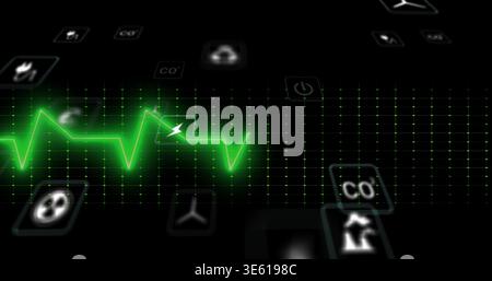 Displaying neon green ECG waveform pulsing on dashboard, showing lightning-bolt, CO2, factory icons Stock Photo