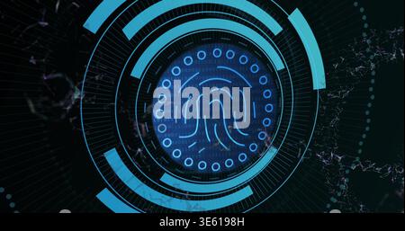 Displaying blue fingerprint icon scanning on virtual biometric HUD, showing rings, binary nodes Stock Photo
