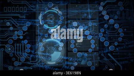 Displaying holographic HUD in dark blue display, showing 2x2 panels, ring gauges, nodes, traces Stock Photo
