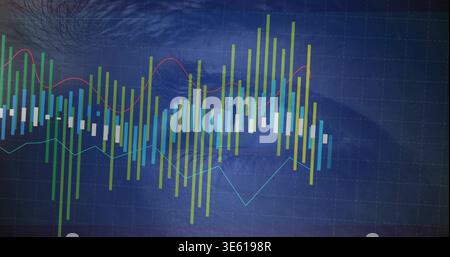 Displaying candlestick chart on dark-blue grid, showing red and cyan lines, white bodies, crease Stock Photo