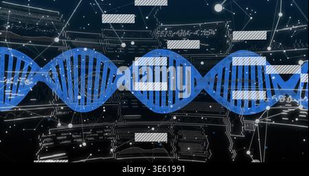 Displaying stylized blue DNA helix stretching across dark technical backdrop, with overlay bars Stock Photo