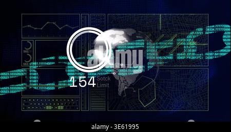 Displaying central dotted globe with white HUD ring and streaming numeric data on digital dashboard Stock Photo