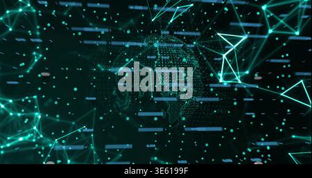 Rotating dotted wireframe globe pulsing in virtual network, with glowing nodes and data bars Stock Photo