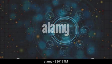 Pulsing biometric fingerprint HUD projecting rings in virtual dashboard, showing icon nodes Stock Photo