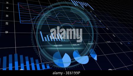 Displaying central holographic HUD showing cloud padlock and bar chart in virtual 3D dashboard Stock Photo