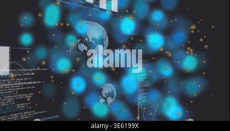 Showing central teal bokeh cluster, faint globes floating in tech panel, with code and gold stars Stock Photo