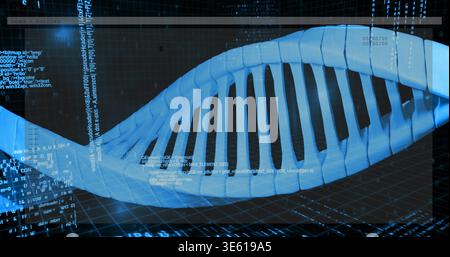 Rotating 3D DNA double helix glowing in virtual lab, displaying code overlays, grid plane Stock Photo