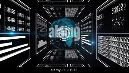 Glowing teal holographic globe projecting concentric HUD rings inside 3D data corridor, with panels Stock Photo