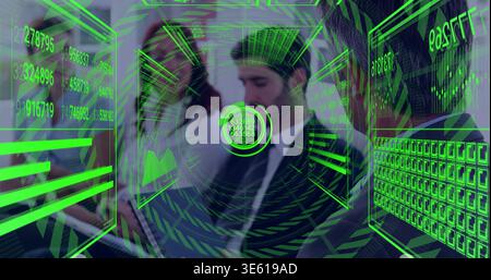 Reviewing businessman in dark suit reading tablet and notes at corporate meeting, with HUD overlays Stock Photo