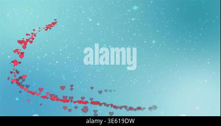 Curving trail of red and dark gray hearts sweeping on teal aqua gradient, showing bokeh speckles Stock Photo