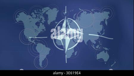 Displaying NATO-style compass rose overlaying flat world map on deep blue slide, with rings Stock Photo