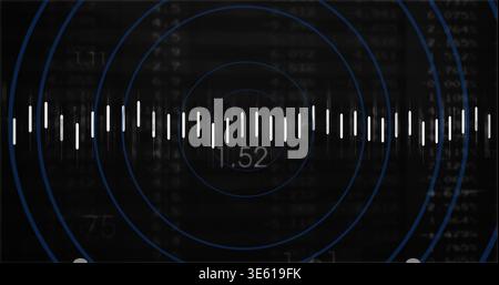 Displaying centered white bars waveform crossing blue rings on dark monitor, with numeric labels Stock Photo