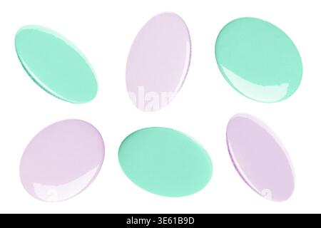 Many lavender and turquoise button badges isolated on white, set Stock Photo