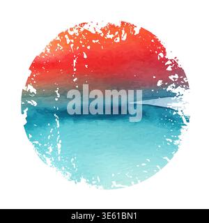 Abstract sunset and sea. Watercolor circle red blue. Hand drawn. Not AI, vector illustration. Stock Vector