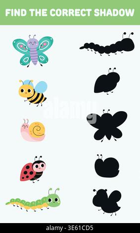 Find the correct shadow. Cute cartoon insects. Isolated vector illustration. Stock Vector