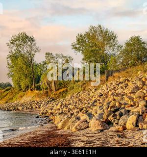 Rocky Baltic Sea coastline near Kellenhusen, Schleswig-Holstein, Germany, scenic coastal landscape with trees and warm evening light Stock Photo