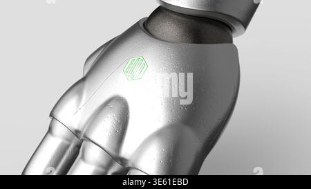 Mockup of a close-up of a silver metallic robot hand, perspective view. Stock Photo