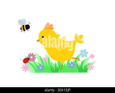 Cute happy little yellow chick in green grass and colorful flowers, with ladybug and bee, festive Easter spring holiday kids composition, hand drawn illustration for seasonal events decor Stock Vector