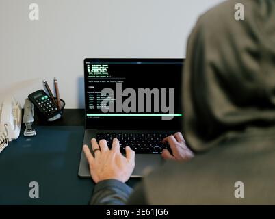 Middle Aged Man Turns Hacker in Hoodie After Using Vibe Coding Command Line Interface Artificial Intelligence Large Language Model Assistant Concept Stock Photo