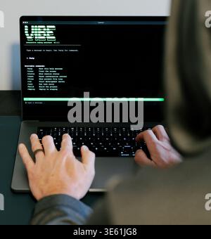 Middle Aged Man Turns Hacker in Hoodie After Using Vibe Coding Command Line Interface Artificial Intelligence Large Language Model Assistant Concept Stock Photo