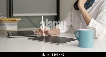 Close up of woman student busy studying using laptop make notes in notebook while write watching webinar or online training course on computer Stock Photo