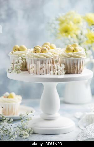 Food, Easter cupcakes decorated with cream cheese frosting and candy eggs, selective focus Stock Photo