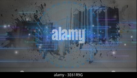 Pulsing neon-blue core sending horizontal data stream in studio art, with circuitry overlays Stock Photo