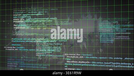 Displaying bright green grid overlay over technical screen, showing monospaced code blocks Stock Photo