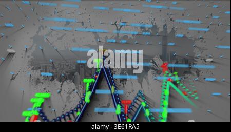 Displaying neon 3D line graphs with glowing green and red nodes in studio composite, cyan bars Stock Photo