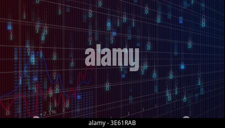 Displaying digital dashboard on dark screen, showing falling binary digits, red or blue graphs Stock Photo