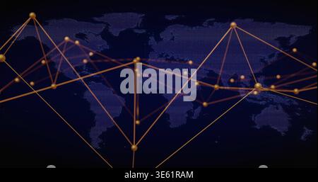 Displaying golden network of linked spherical nodes on dark navy world map, with thin glowing lines Stock Photo