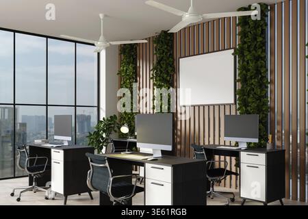 A stylish sustainable workspace featuring lush plants, modern desks, and panoramic city views from large windows Stock Photo