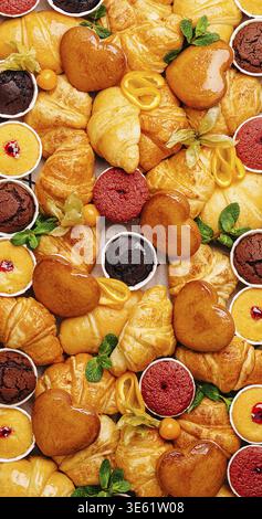 Food, An enticing array of pastries, including croissants and heart-shaped treats, accompanied by colorful desserts, all arranged on a decorative plat Stock Photo