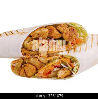 Food, A freshly prepared chicken wrap filled with cooked chicken, vibrant vegetables, and crisp lettuce, presented in a casual dining environment, sho Stock Photo