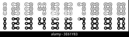 Set of numbers from 0 to 9 created from bicycle chain links in solid and outline styles. Mechanical typography isolated on light background. Stock Vector