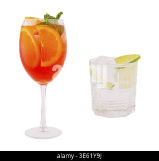 Food, A vibrant cocktail with orange slices and mint leaves stands tall in a glass stemware, accompanied by a short glass filled with ice and lime, ev Stock Photo