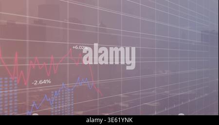 Displaying translucent chart overlay over skyline, showing red and blue lines, grid +6 Stock Photo