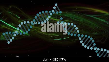 Undulating teal-blue double helix weaving across black backdrop, with neon ribbons and cyan specks Stock Photo