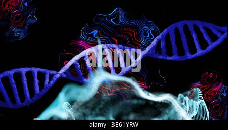Displaying blue DNA double helix undulating across black field, emitting neon waves and cyan wisps Stock Photo
